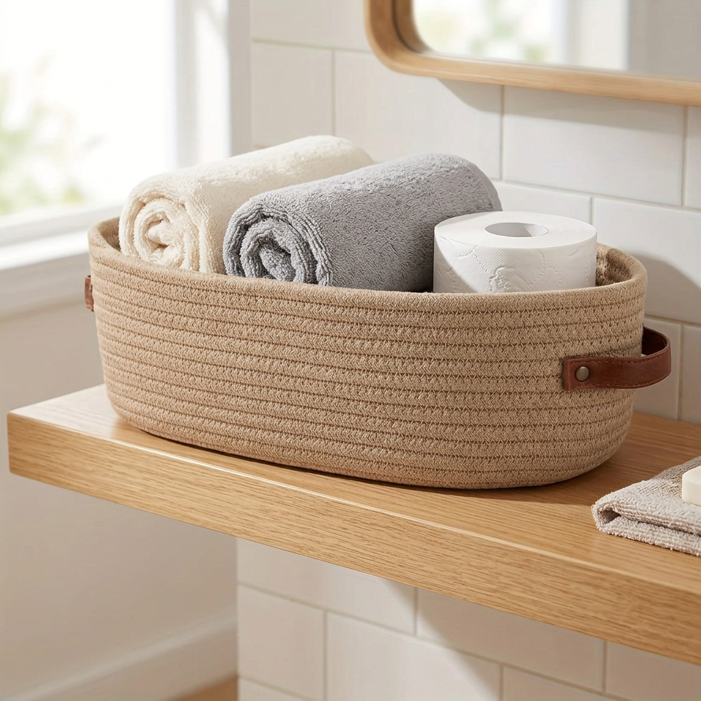 Oval woven storage basket on a bathroom shelf holding rolled towels