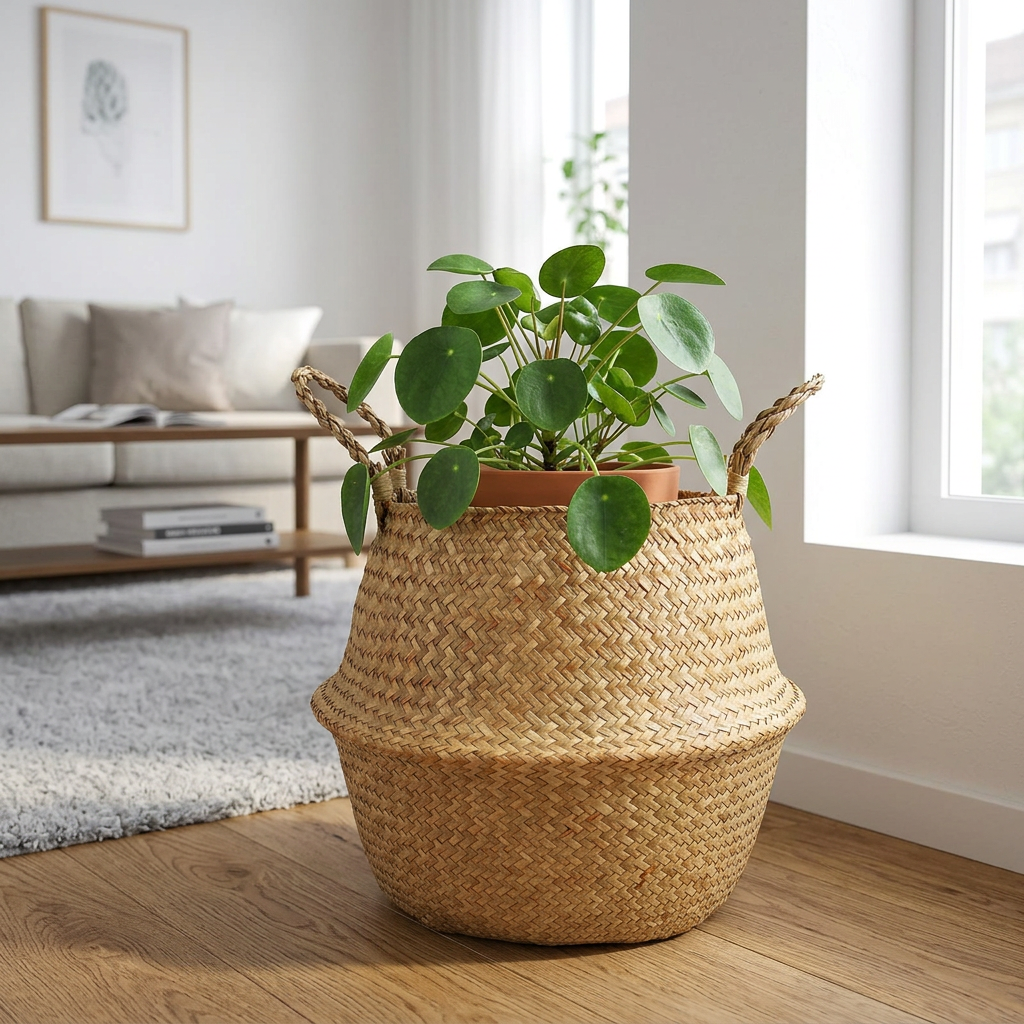Straw wicker seagrass basket holding a potted plant in a living room