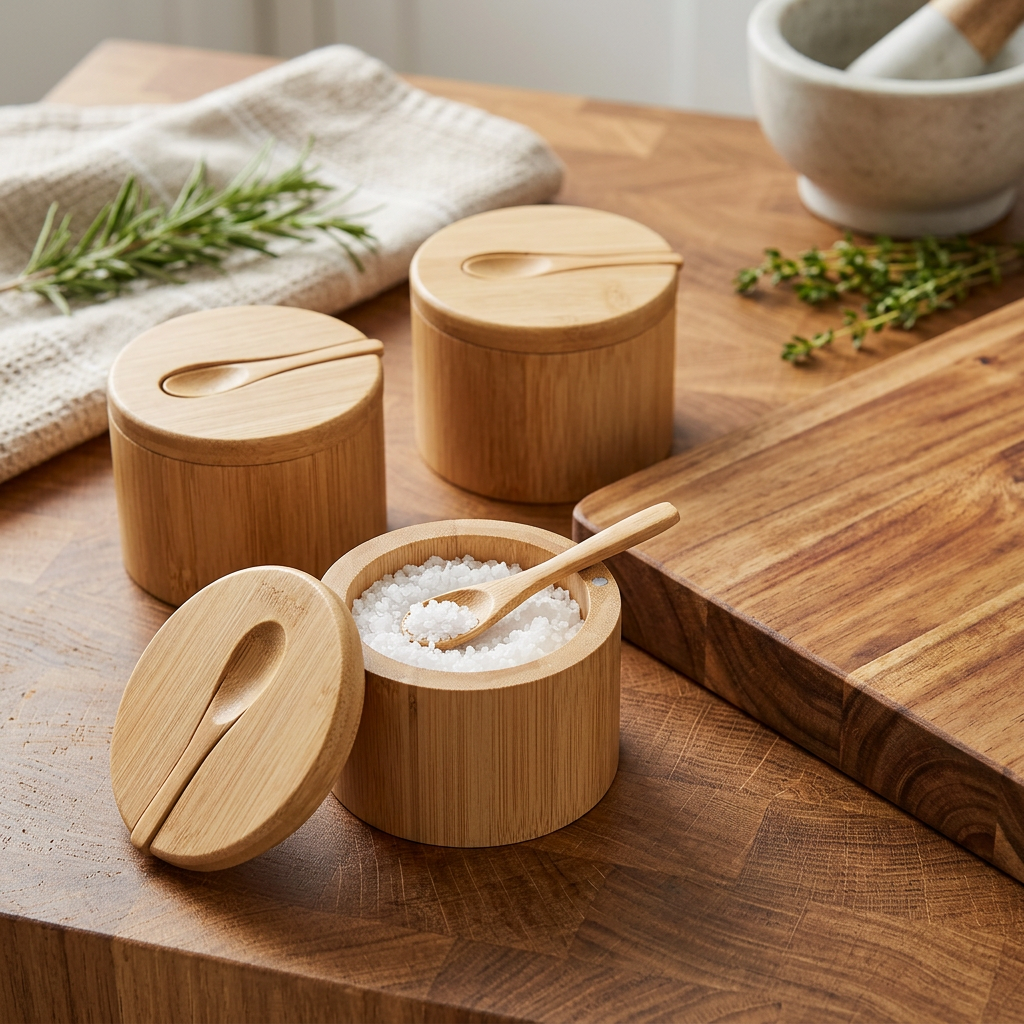 Bamboo condiment box and seasoning jar set on a kitchen worktop