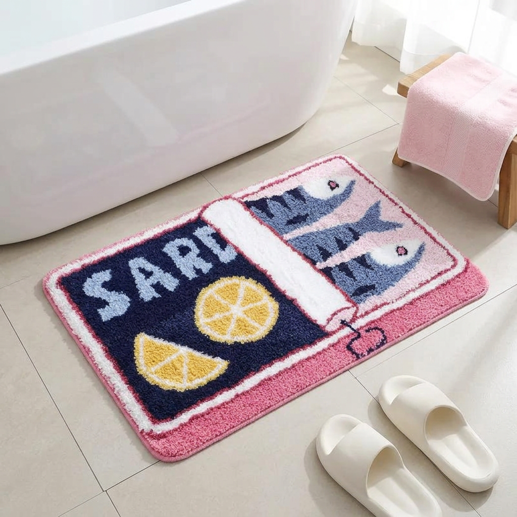 Sardine can shaped novelty bath mat on a tiled bathroom floor
