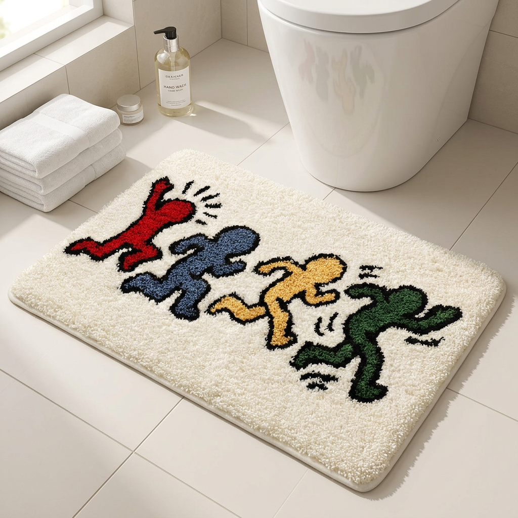 Cartoon shaped bathroom floor mat on a tiled floor near a basin