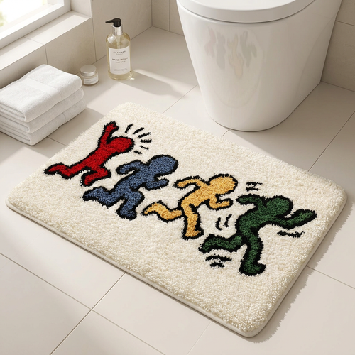 Cartoon shaped bathroom floor mat on a tiled floor near a basin