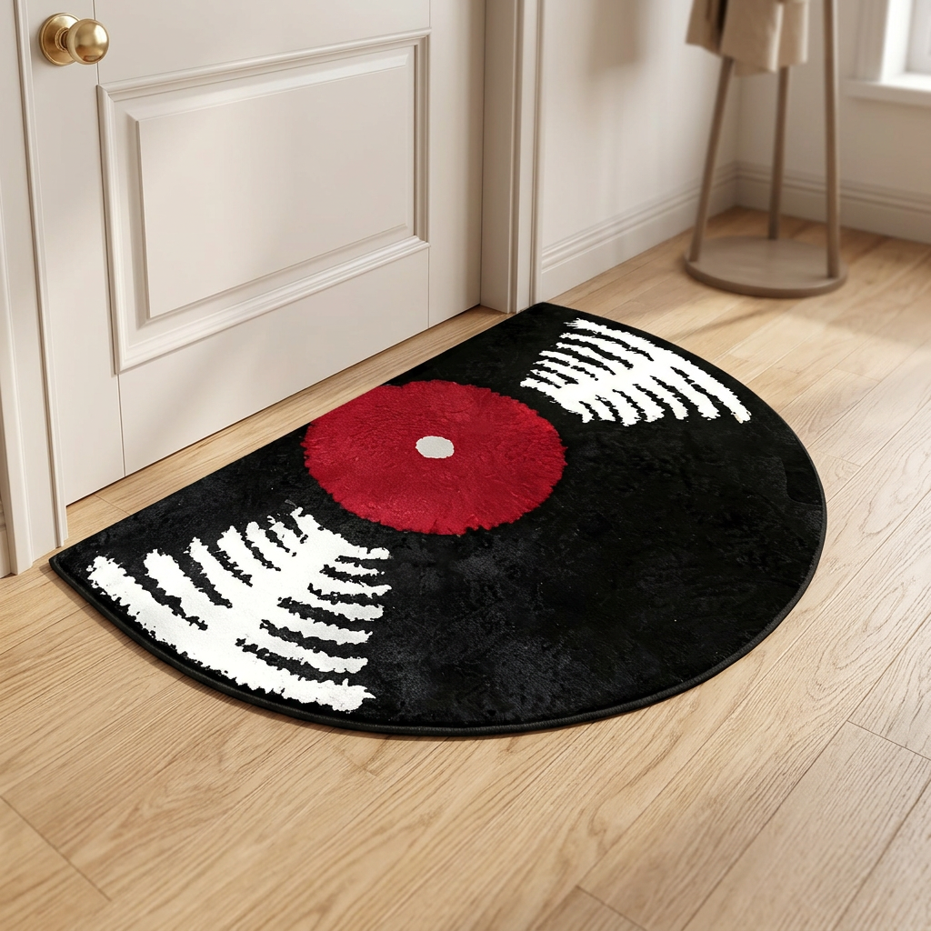 Semicircle vinyl record themed doormat on a wooden entryway floor